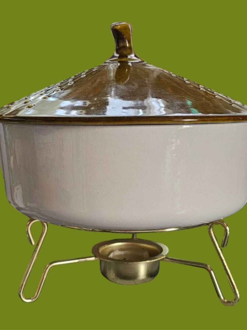 Vintage California Pottery Casserole Dish on Warming Stand